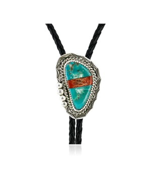 Handmade Certified Authentic Navajo .925 Sterling Silver Inlaid Natural Turquoise Jasper Native American Bolo Tie  24406-2