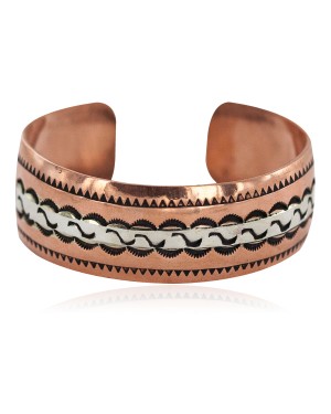 Handmade Certified Authentic Navajo .925 Sterling Silver Maze Native American Pure Copper Bracelet  92018-2