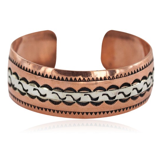 Handmade Certified Authentic Navajo .925 Sterling Silver Maze Native American Pure Copper Bracelet  92018-2