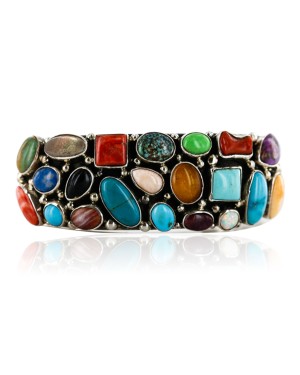 Handmade Certified Authentic Navajo .925 Sterling Silver Multicolor Turquoise, Coral, Lapis Native American Cuff Bracelet 12483