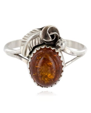 Handmade Certified Authentic Navajo Silver Amber Native American Ring Size 8 1/2 26204-1