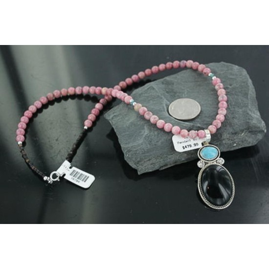Handmade Certified Authentic Navajo .925 Sterling Silver Natural Black Onyx and Turquoise Native American Necklace 370911139597