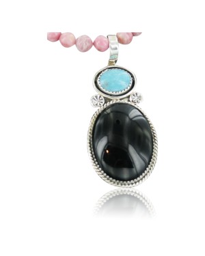 Handmade Certified Authentic Navajo .925 Sterling Silver Natural Black Onyx and Turquoise Native American Necklace 370911139597