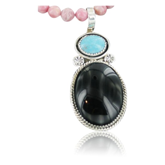 Handmade Certified Authentic Navajo .925 Sterling Silver Natural Black Onyx and Turquoise Native American Necklace 370911139597