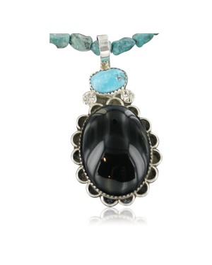 Handmade Certified Authentic Navajo .925 Sterling Silver Natural Black Onyx and Turquoise Native American Necklace & Pendant 370918480661