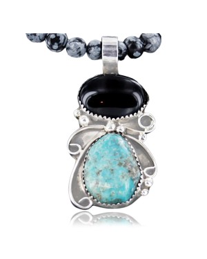 Handmade Certified Authentic Navajo .925 Sterling Silver Natural Black Onyx and Turquoise Native American Necklace & Pendant 370929282361