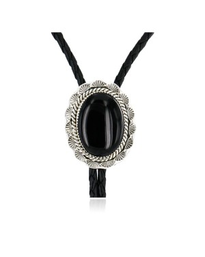 Handmade Certified Authentic Navajo .925 Sterling Silver Natural Black Onyx Native American Bolo Tie  24407-2
