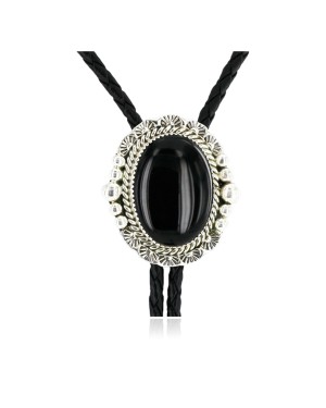 Handmade Certified Authentic Navajo .925 Sterling Silver Natural Black Onyx Native American Bolo Tie  24407-4