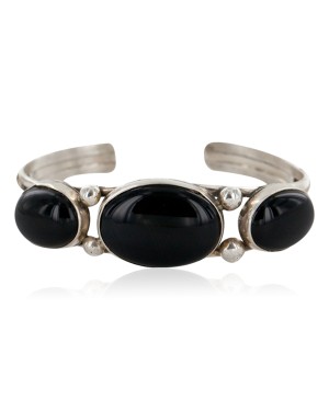 Handmade Certified Authentic Navajo .925 Sterling Silver Natural Black Onyx Native American Bracelet 12704-3