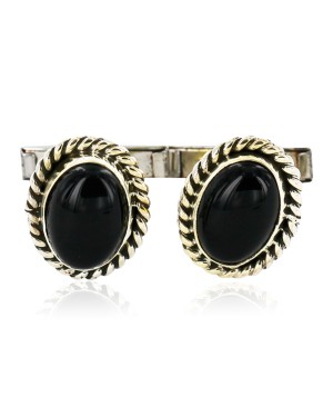 Handmade Certified Authentic Navajo .925 Sterling Silver Natural Black Onyx Native American Cuff Links 19109-4