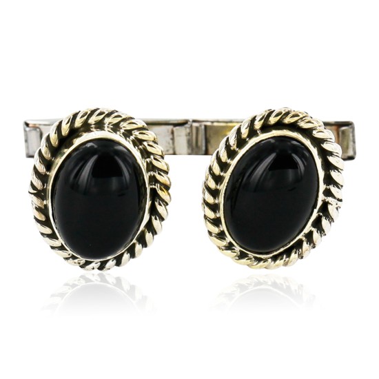 Handmade Certified Authentic Navajo .925 Sterling Silver Natural Black Onyx Native American Cuff Links 19109-4