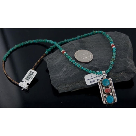 Handmade Certified Authentic Navajo .925 Sterling Silver Natural Coral and Turquoise Native American Necklace 370885857863