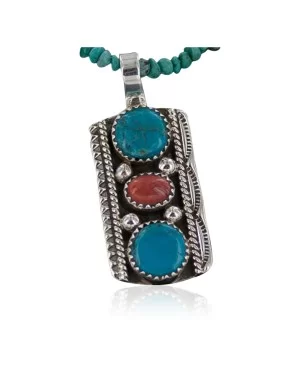Handmade Navajo .925 Sterling Silver Natural Coral and Turquoise Native American Necklace 370885857863