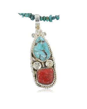 Handmade Certified Authentic Navajo .925 Sterling Silver Natural Coral and Turquoise Native American Necklace 370914729564