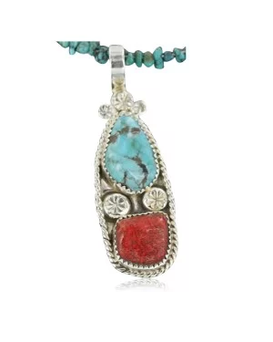 Handmade Navajo .925 Sterling Silver Natural Coral and Turquoise Native American Necklace 370914729564