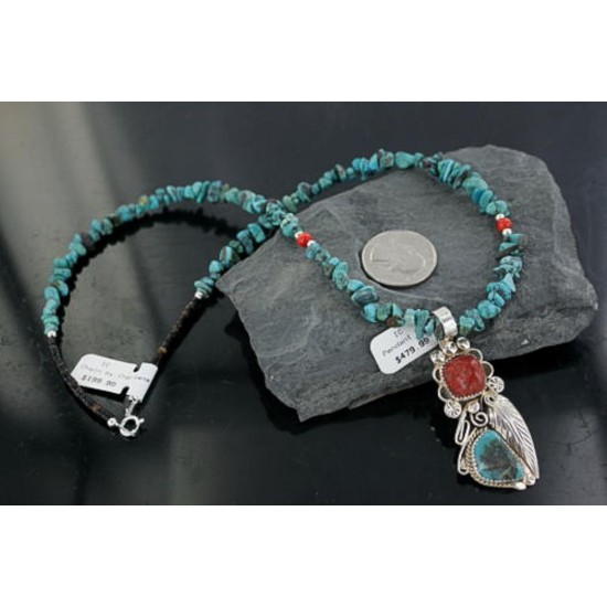Handmade Certified Authentic Navajo .925 Sterling Silver Natural Coral and Turquoise Native American Necklace 370917029358