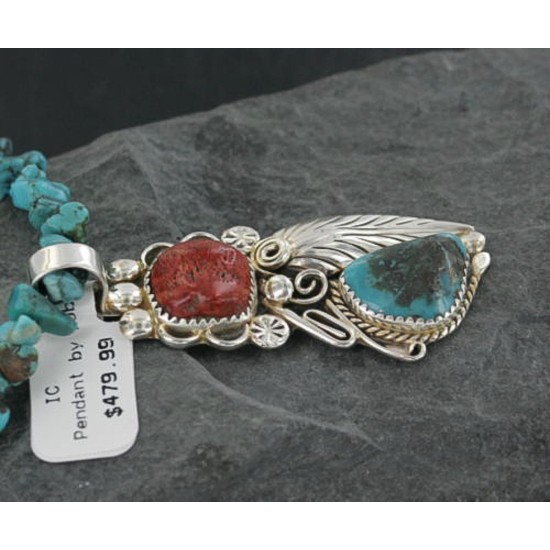 Handmade Certified Authentic Navajo .925 Sterling Silver Natural Coral and Turquoise Native American Necklace 370917029358