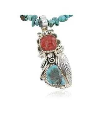 Handmade Navajo .925 Sterling Silver Natural Coral and Turquoise Native American Necklace 370917029358