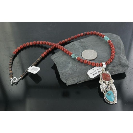 Handmade Certified Authentic Navajo .925 Sterling Silver Natural Coral and Turquoise Native American Necklace 370922695966
