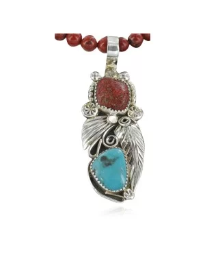 Handmade Navajo .925 Sterling Silver Natural Coral and Turquoise Native American Necklace 370922695966