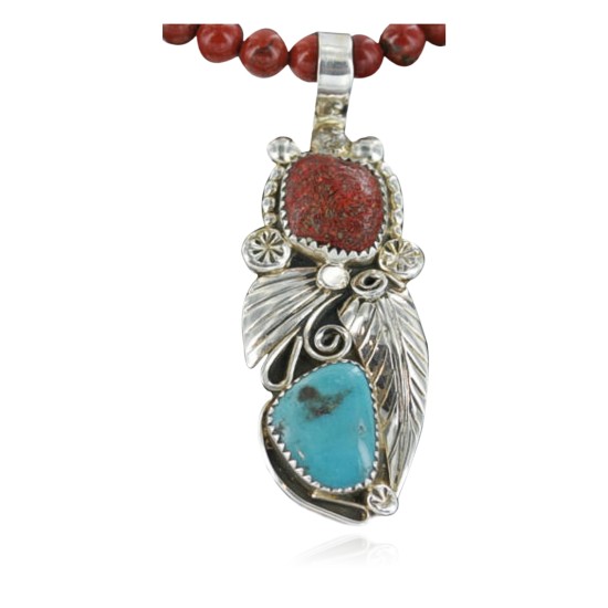 Handmade Certified Authentic Navajo .925 Sterling Silver Natural Coral and Turquoise Native American Necklace 370922695966