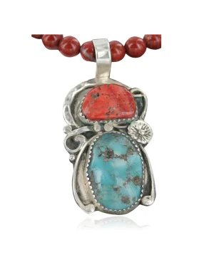 Handmade Navajo .925 Sterling Silver Natural Coral and Turquoise Native American Necklace 370928040125