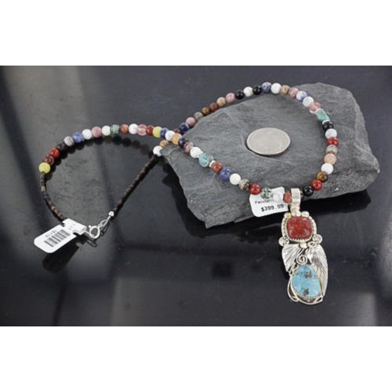 Handmade Certified Authentic Navajo .925 Sterling Silver Natural Coral and Turquoise Native American Necklace 370928401661