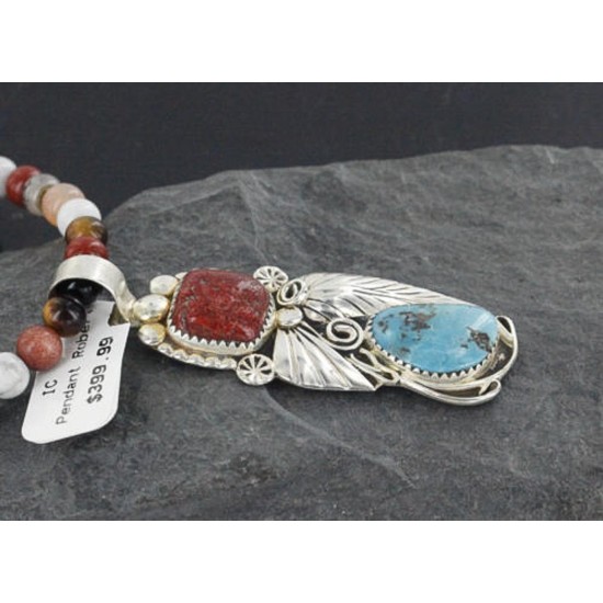 Handmade Certified Authentic Navajo .925 Sterling Silver Natural Coral and Turquoise Native American Necklace 370928401661