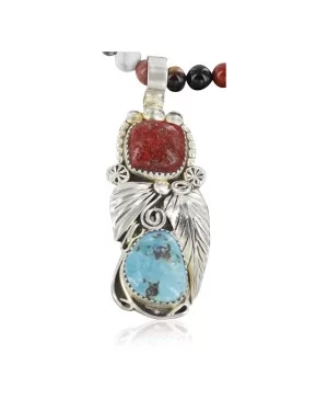 Handmade Navajo .925 Sterling Silver Natural Coral and Turquoise Native American Necklace 370928401661