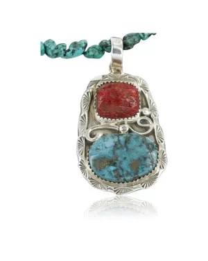 Handmade Navajo .925 Sterling Silver Natural Coral and Turquoise Native American Necklace 370964867842