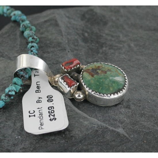 Handmade Certified Authentic Navajo .925 Sterling Silver Natural Coral and Turquoise Native American Necklace 390674982125