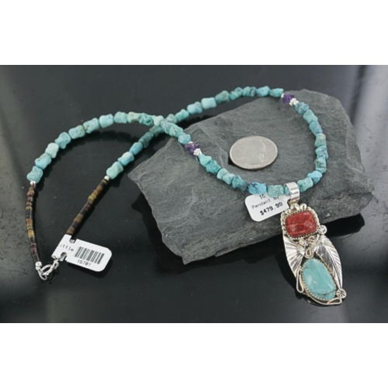 Handmade Certified Authentic Navajo .925 Sterling Silver Natural Coral and Turquoise Native American Necklace 390677796351