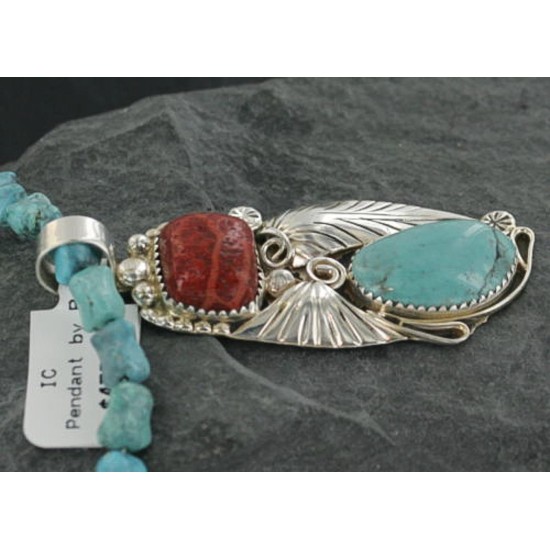 Handmade Certified Authentic Navajo .925 Sterling Silver Natural Coral and Turquoise Native American Necklace 390677796351