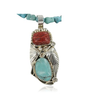 Handmade Certified Authentic Navajo .925 Sterling Silver Natural Coral and Turquoise Native American Necklace 390677796351