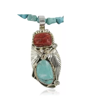 Handmade Navajo .925 Sterling Silver Natural Coral and Turquoise Native American Necklace 390677796351