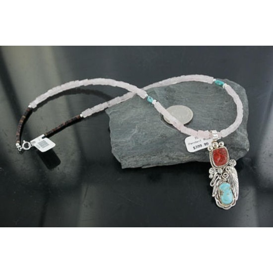 Handmade Certified Authentic Navajo .925 Sterling Silver Natural Coral and Turquoise Native American Necklace 390680403932