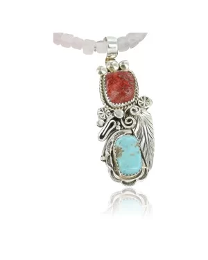 Handmade Navajo .925 Sterling Silver Natural Coral and Turquoise Native American Necklace 390680403932