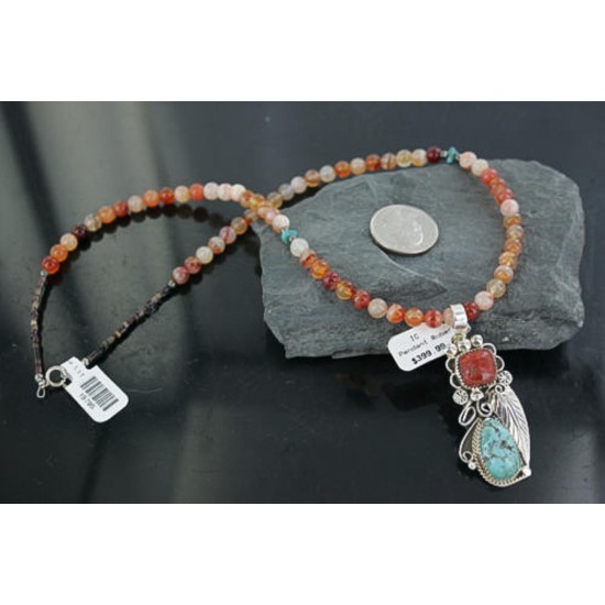 Handmade Certified Authentic Navajo .925 Sterling Silver Natural Coral and Turquoise Native American Necklace 390681801652