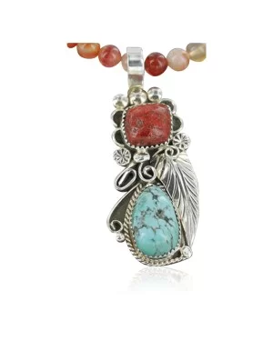 Handmade Navajo .925 Sterling Silver Natural Coral and Turquoise Native American Necklace 390681801652