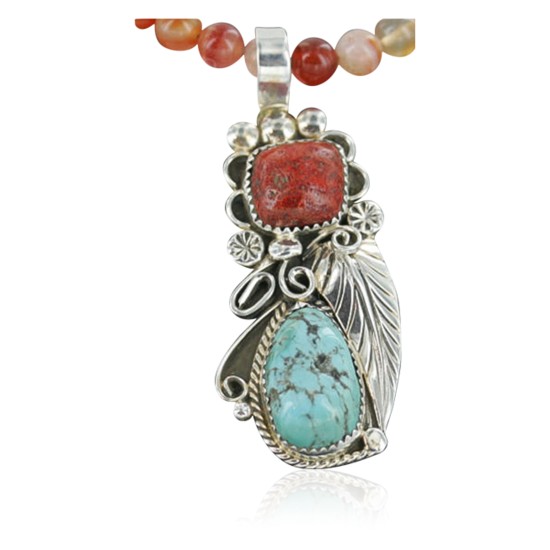 Handmade Certified Authentic Navajo .925 Sterling Silver Natural Coral and Turquoise Native American Necklace 390681801652