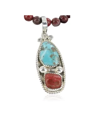 Handmade Navajo .925 Sterling Silver Natural Coral and Turquoise Native American Necklace 390714864122
