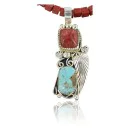 Handmade Navajo .925 Sterling Silver Natural Coral, Red Jasper and Turquoise Native American Necklace & Pendant 370919219465