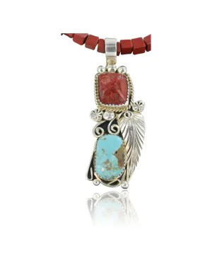 Handmade Navajo .925 Sterling Silver Natural Coral, Red Jasper and Turquoise Native American Necklace & Pendant 370919219465