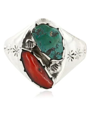 Handmade Navajo .925 Sterling Silver Natural CORAL Turquoise Native American Ring 371015178466