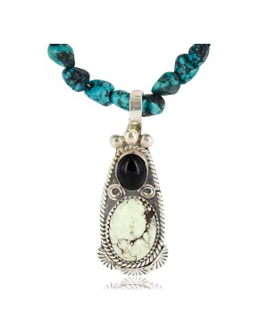 Handmade Certified Authentic Navajo .925 Sterling Silver Natural GASPEITE, Turquoise and Black ONYX Native American Necklace & Pendant 390800526647