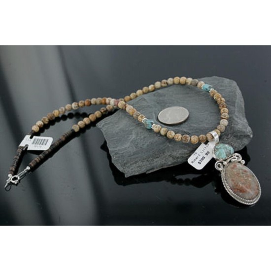Handmade Certified Authentic Navajo .925 Sterling Silver Natural Jasper and Turquoise Native American Necklace 370919723688