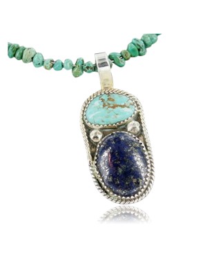 Handmade Certified Authentic Navajo .925 Sterling Silver Natural Lapis and Turquoise Native American Necklace 390661164694