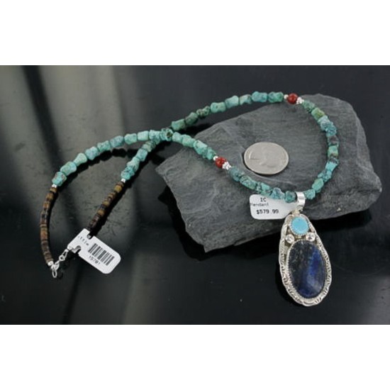 Handmade Certified Authentic Navajo .925 Sterling Silver Natural Lapis and Turquoise Native American Necklace 390677587361