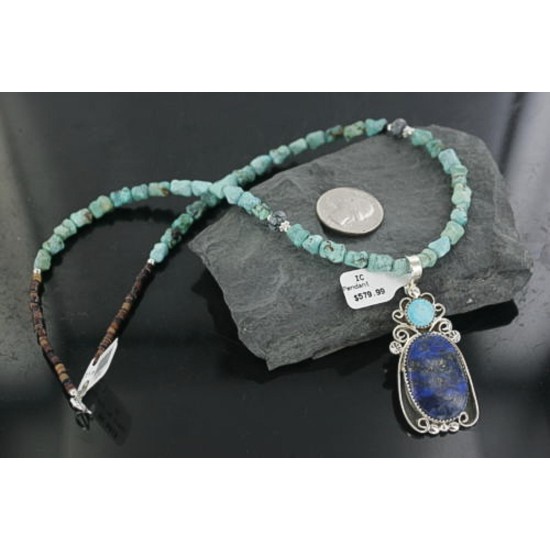 Handmade Certified Authentic Navajo .925 Sterling Silver Natural Lapis and Turquoise Native American Necklace 390677878198
