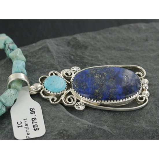 Handmade Certified Authentic Navajo .925 Sterling Silver Natural Lapis and Turquoise Native American Necklace 390677878198